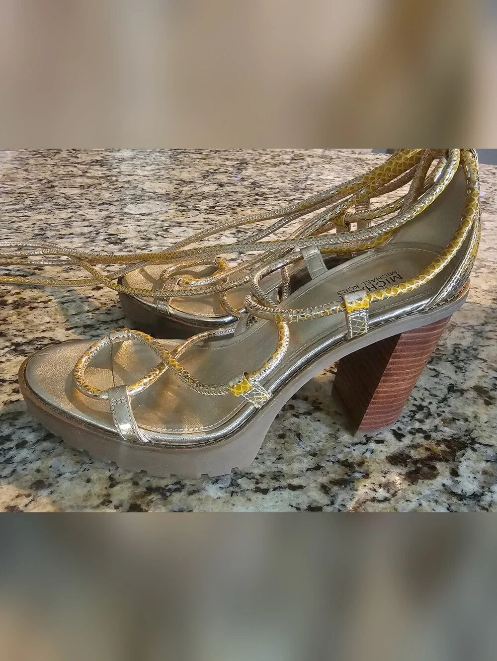 Michael Kors Vero Lug Platform Sandals in a metallic gold finish. Size 7.5